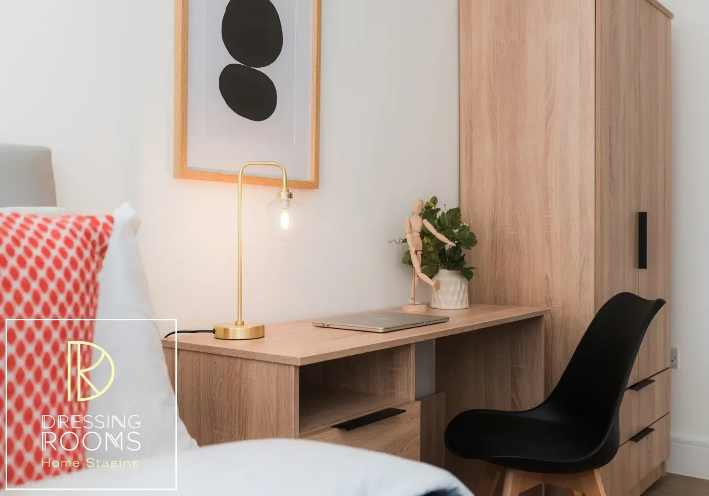 HMO bedroom desk with storage and artwork