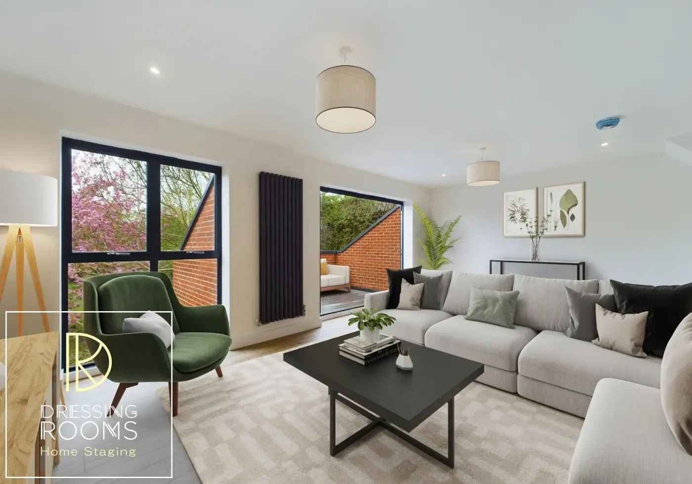 Living room virtually furnished with sofa and armchair