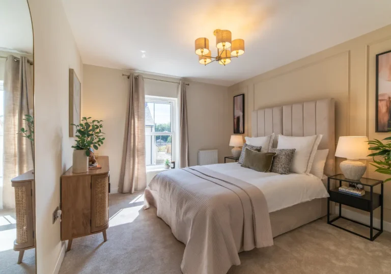 Showhome staged bedroom tall cream headboard
